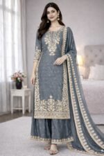 Pure GMY Silk with Heavy Embroidery Coding Sequence Work & Moti Work (Grey)