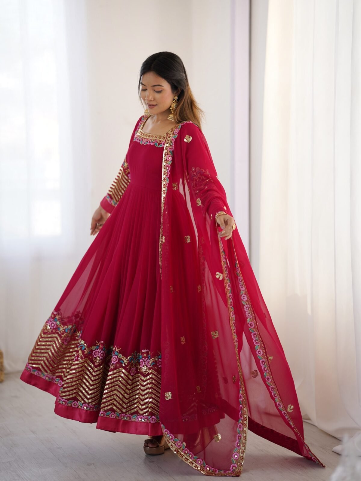 Elegant Embroidered Sequence Designer Anarkali Three Piece Set (Rani Pink) - Image 2