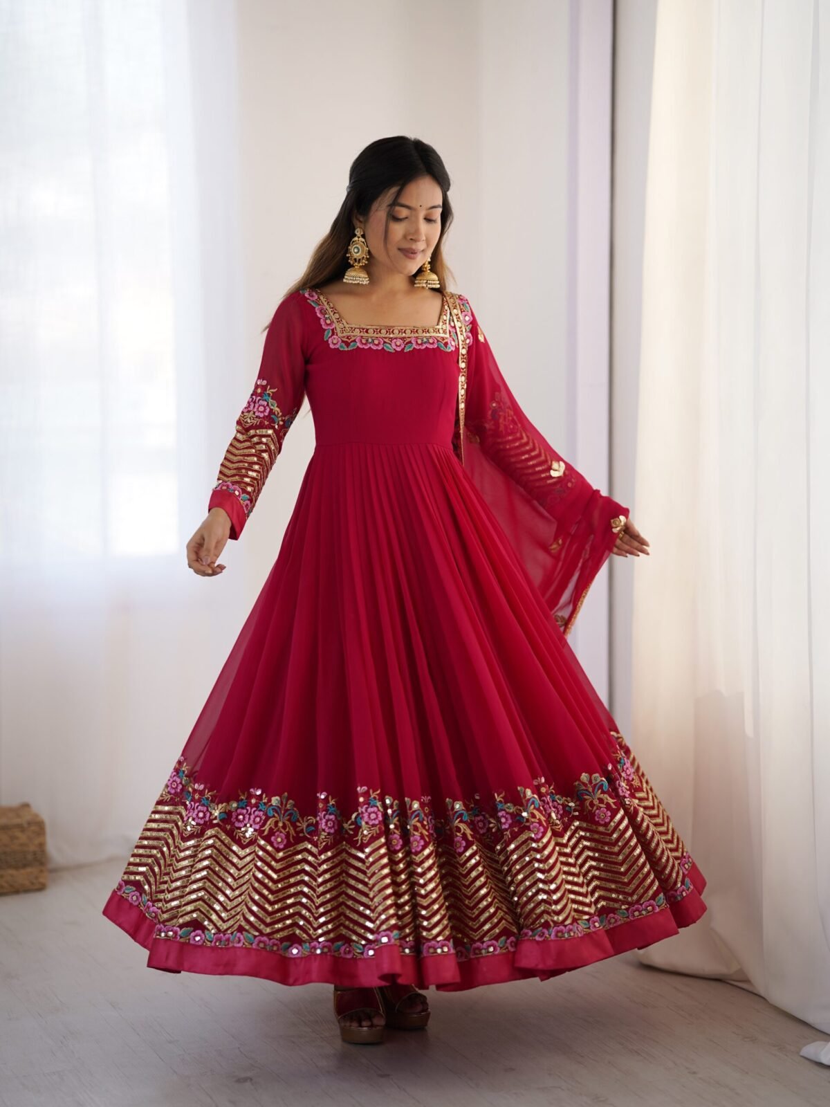 Elegant Embroidered Sequence Designer Anarkali Three Piece Set (Rani Pink) - Image 6