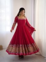Elegant Embroidered Sequence Designer Anarkali Three Piece Set (Rani Pink) - Image 6