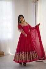 Elegant Embroidered Sequence Designer Anarkali Three Piece Set (Rani Pink) - Image 9