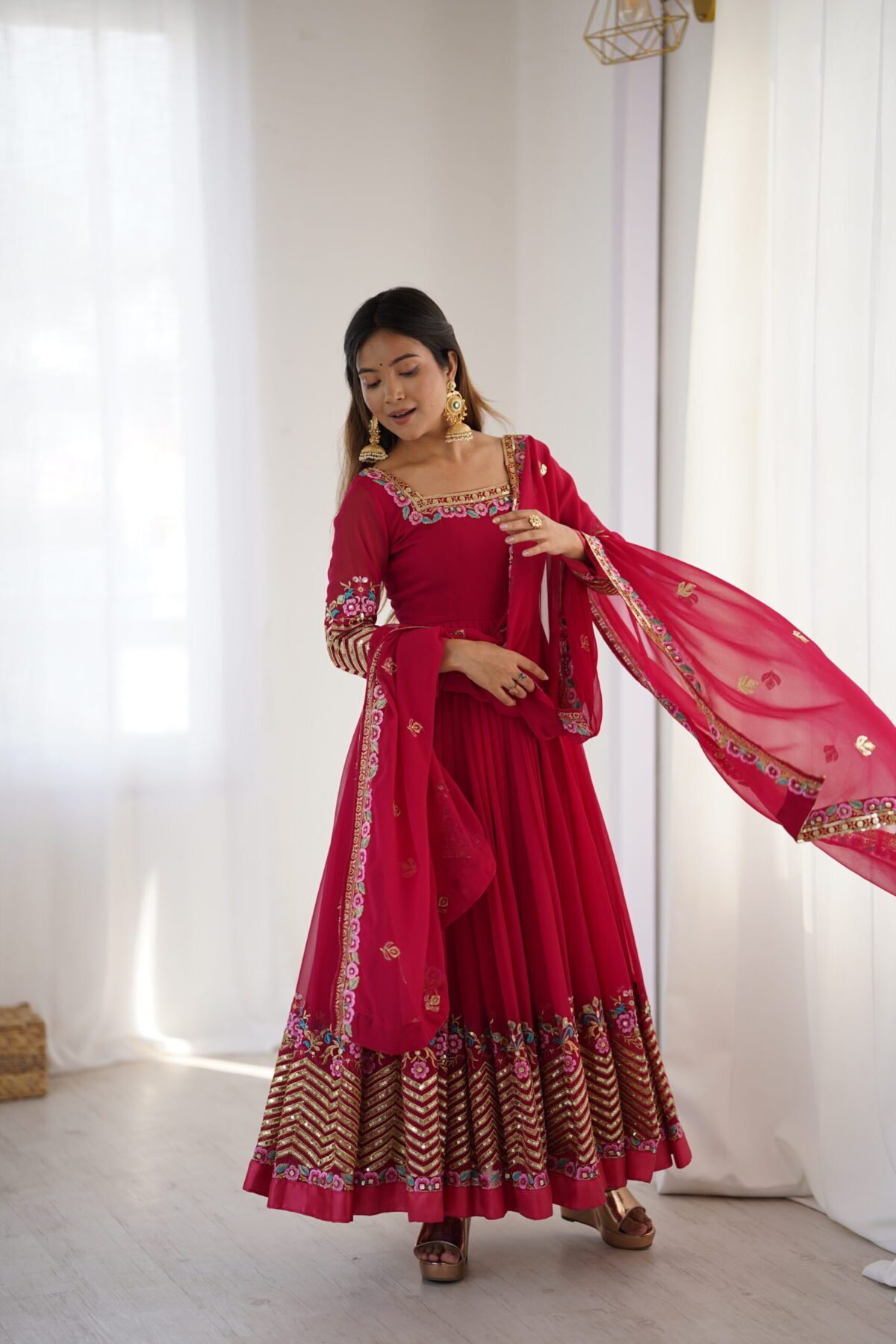 Elegant Embroidered Sequence Designer Anarkali Three Piece Set (Rani Pink) - Image 10