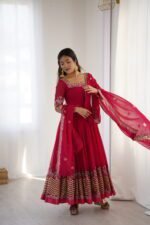 Elegant Embroidered Sequence Designer Anarkali Three Piece Set (Rani Pink) - Image 10