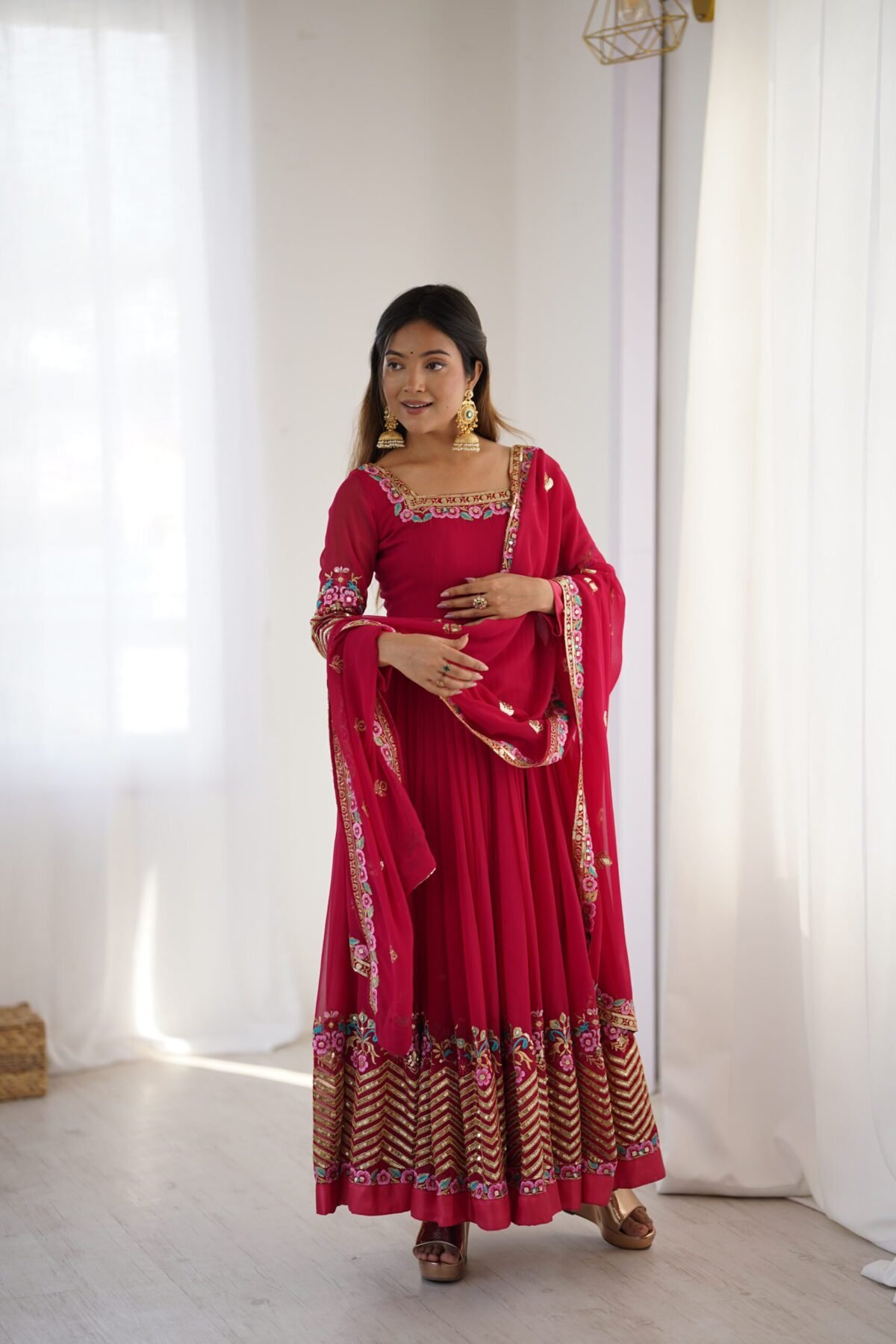 Elegant Embroidered Sequence Designer Anarkali Three Piece Set (Rani Pink) - Image 12