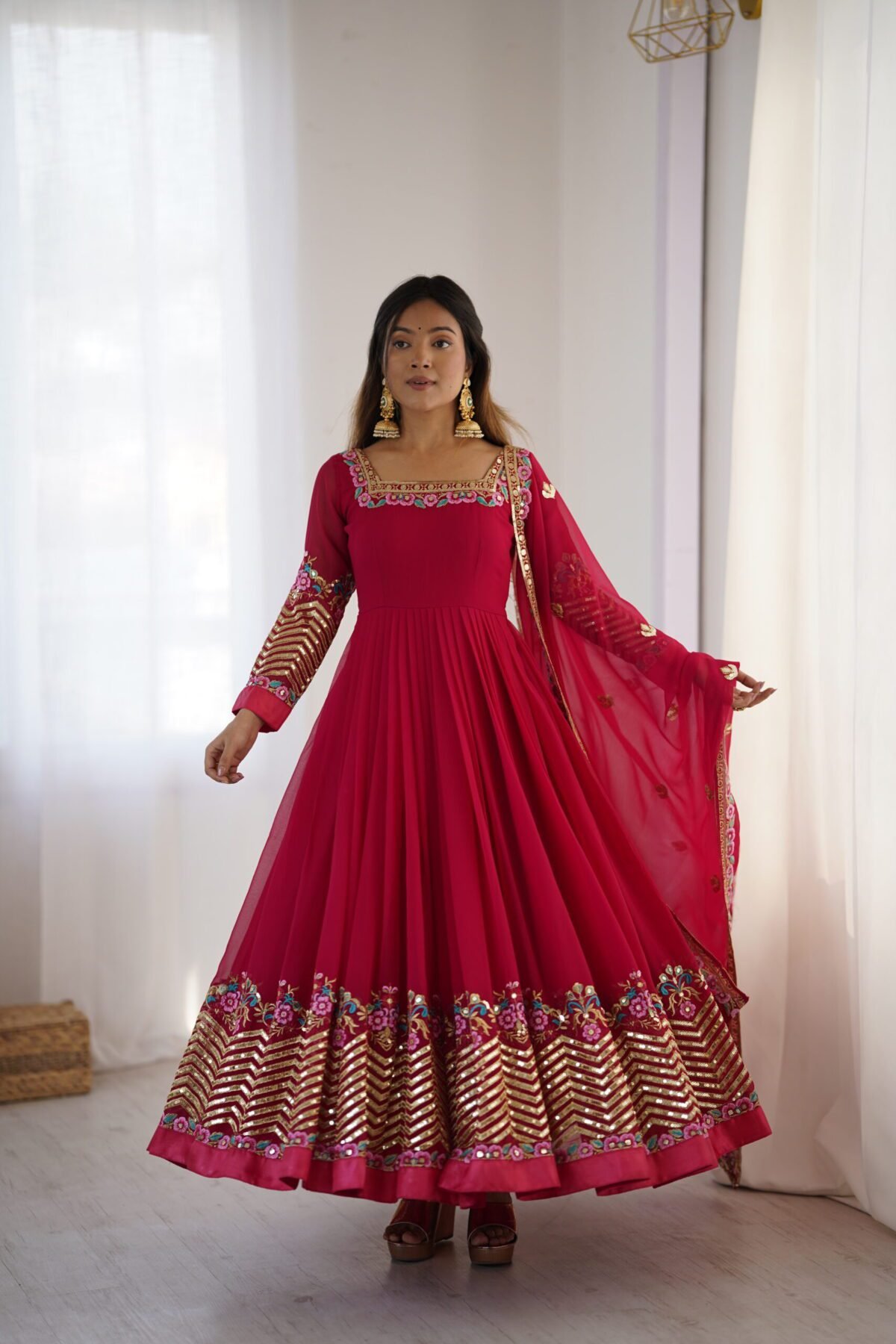 Elegant Embroidered Sequence Designer Anarkali Three Piece Set (Rani Pink) - Image 13