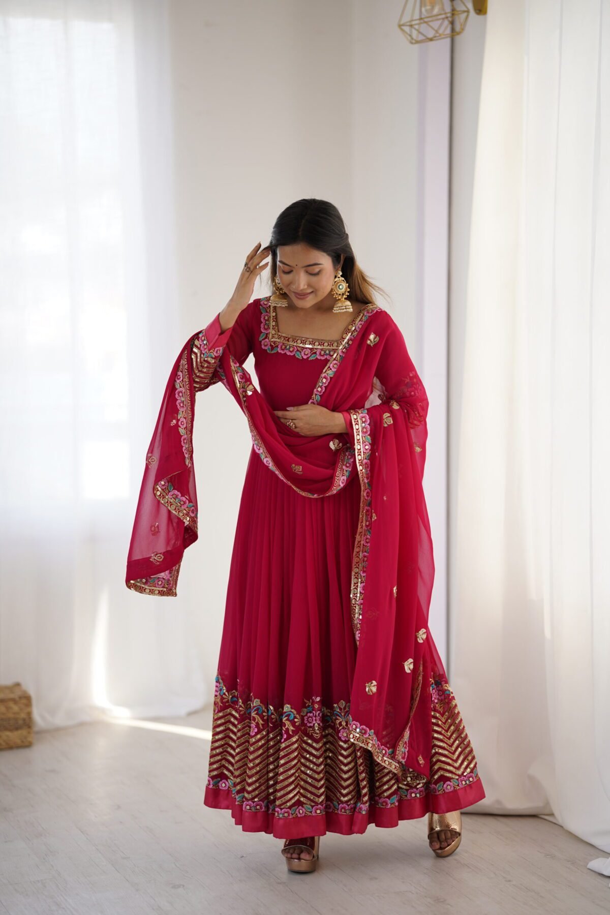 Elegant Embroidered Sequence Designer Anarkali Three Piece Set (Rani Pink) - Image 15