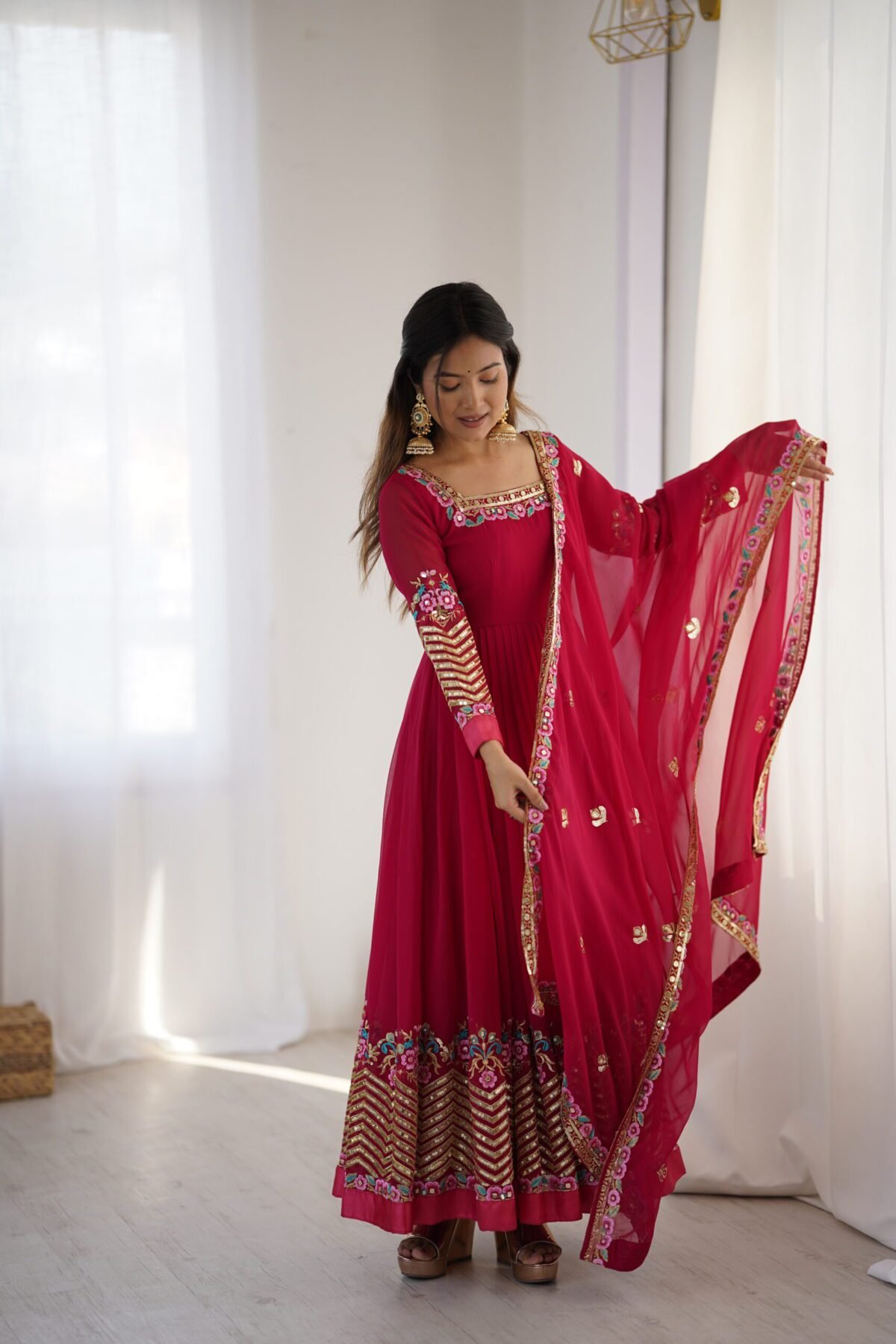 Elegant Embroidered Sequence Designer Anarkali Three Piece Set (Rani Pink) - Image 16