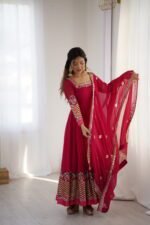 Elegant Embroidered Sequence Designer Anarkali Three Piece Set (Rani Pink) - Image 16