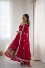 Elegant Embroidered Sequence Designer Anarkali Three Piece Set (Rani Pink) - Image 17