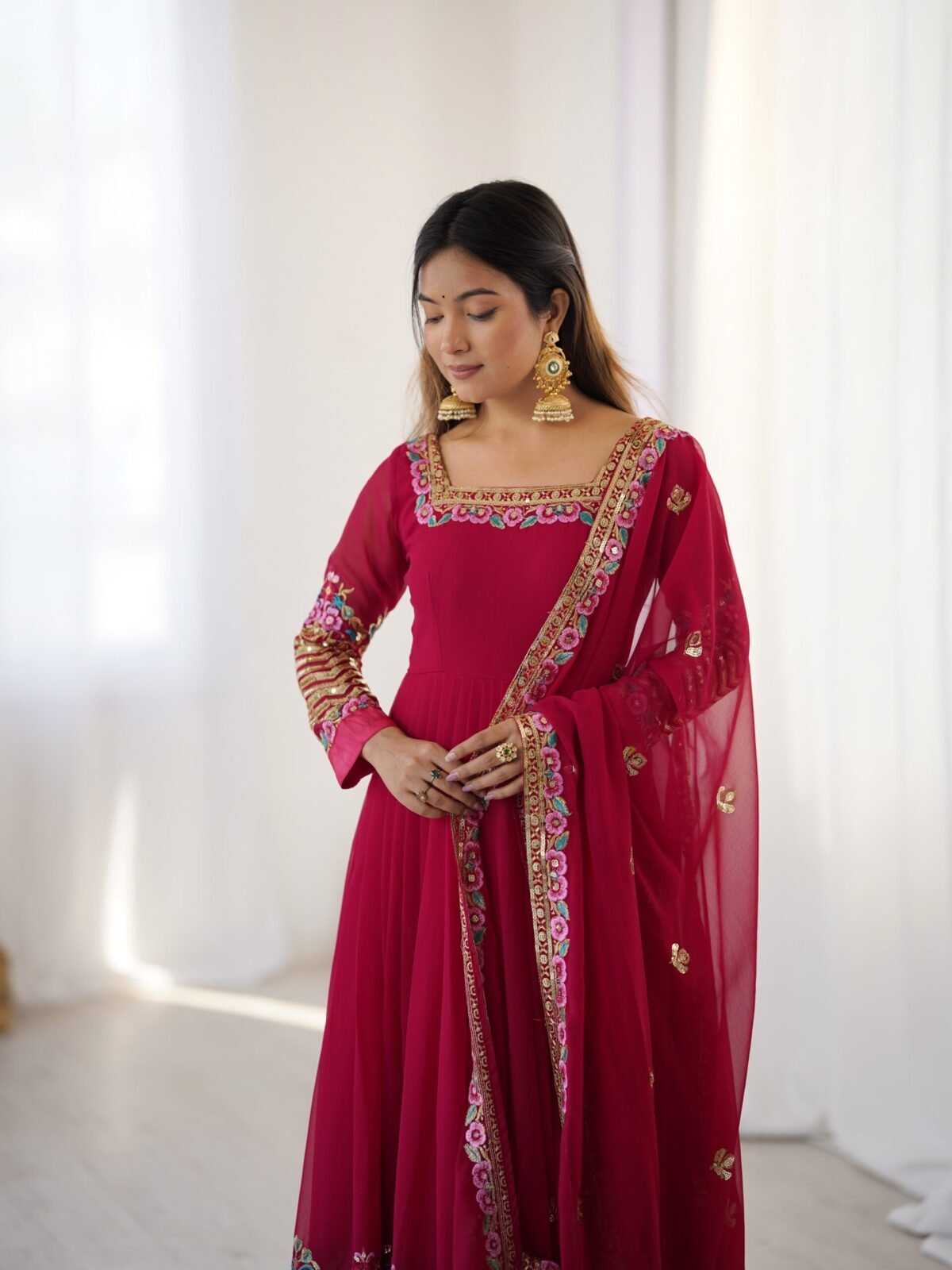 Elegant Embroidered Sequence Designer Anarkali Three Piece Set (Rani Pink) - Image 18