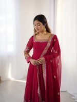 Elegant Embroidered Sequence Designer Anarkali Three Piece Set (Rani Pink) - Image 18