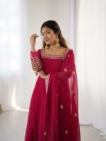 Elegant Embroidered Sequence Designer Anarkali Three Piece Set (Rani Pink) - Image 19