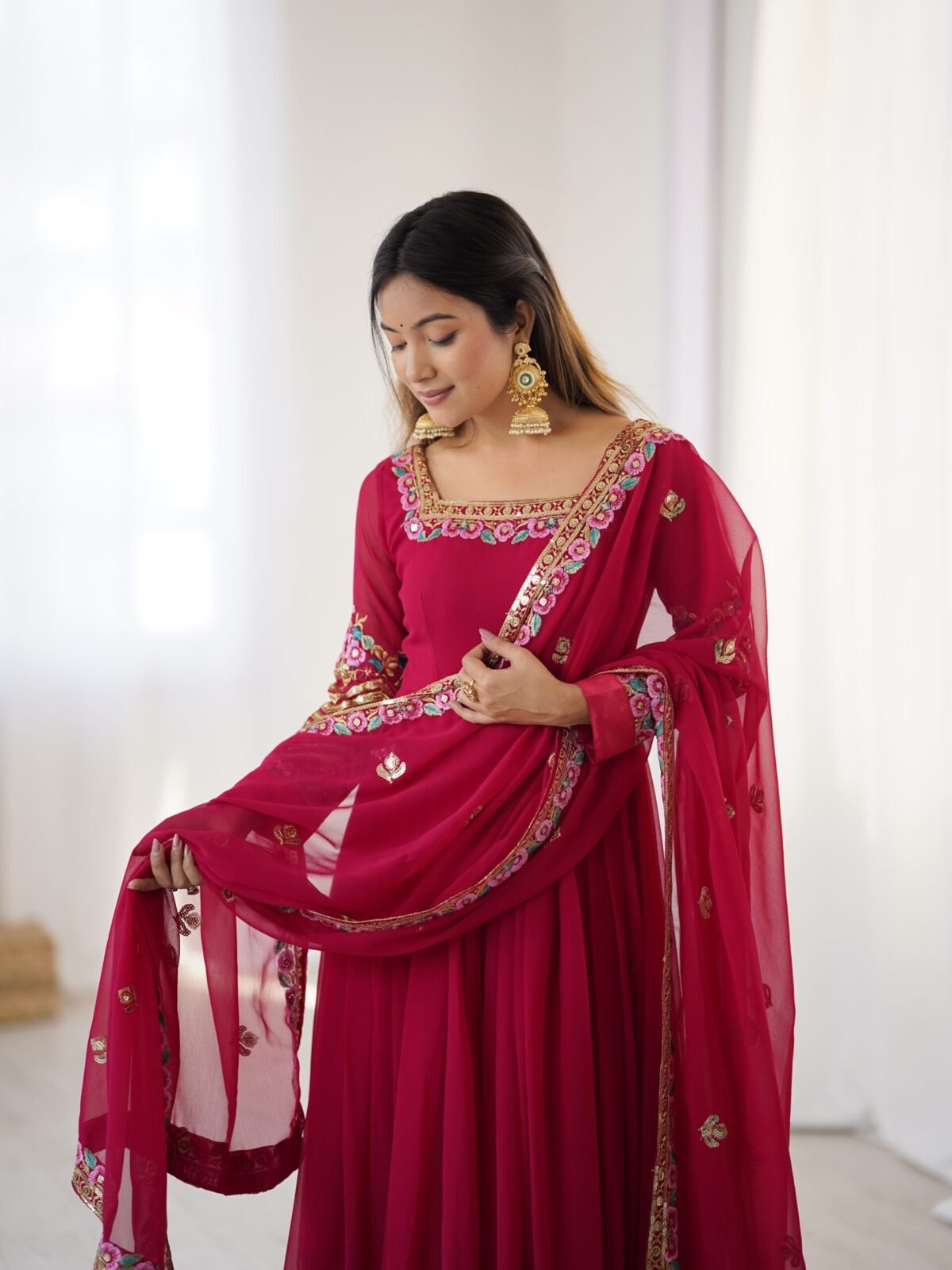 Elegant Embroidered Sequence Designer Anarkali Three Piece Set (Rani Pink) - Image 20