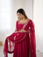 Elegant Embroidered Sequence Designer Anarkali Three Piece Set (Rani Pink) - Image 20