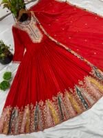 Heavy Designer Party Wear Gown with Dupatta (Red) - Image 3