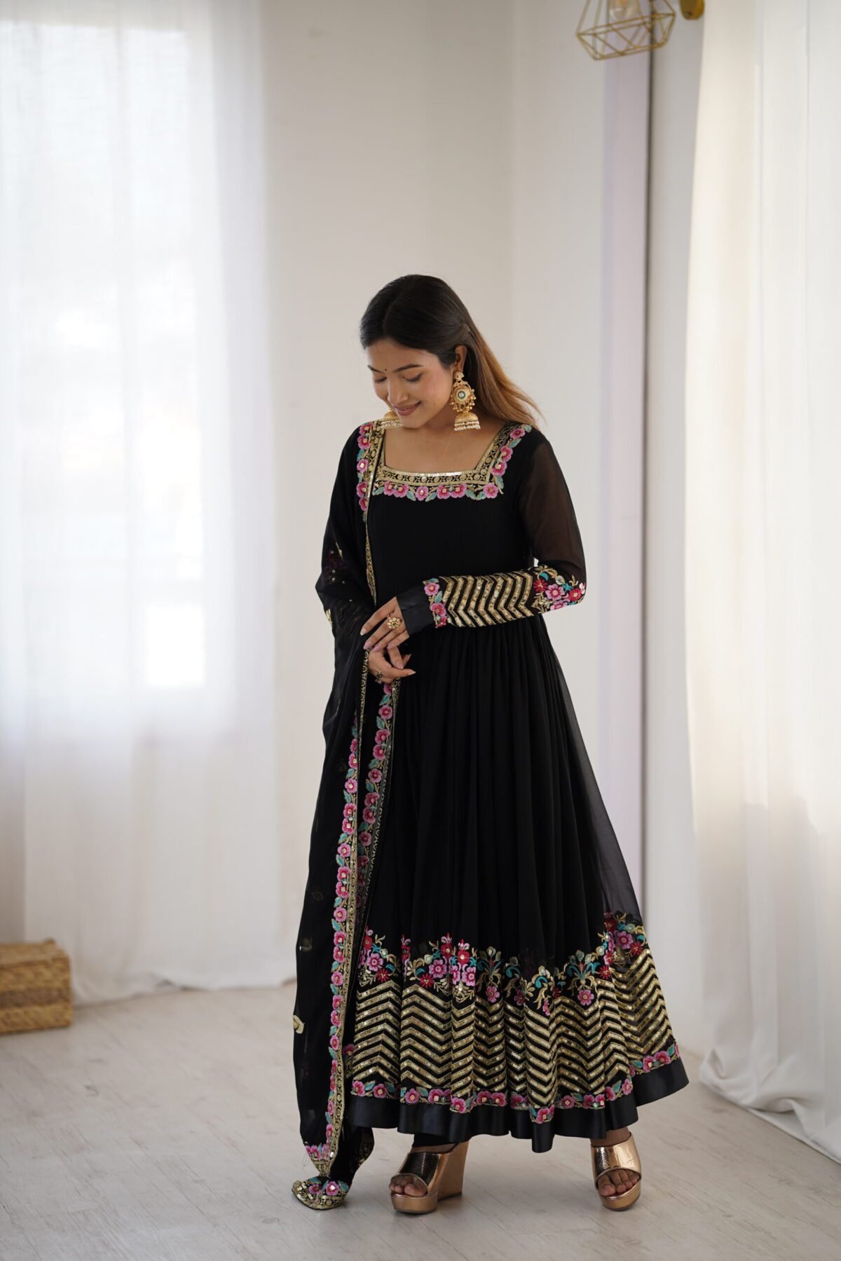 Elegant Embroidered Sequence Designer Anarkali Three Piece Set (Black) - Image 6