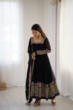 Elegant Embroidered Sequence Designer Anarkali Three Piece Set (Black) - Image 6