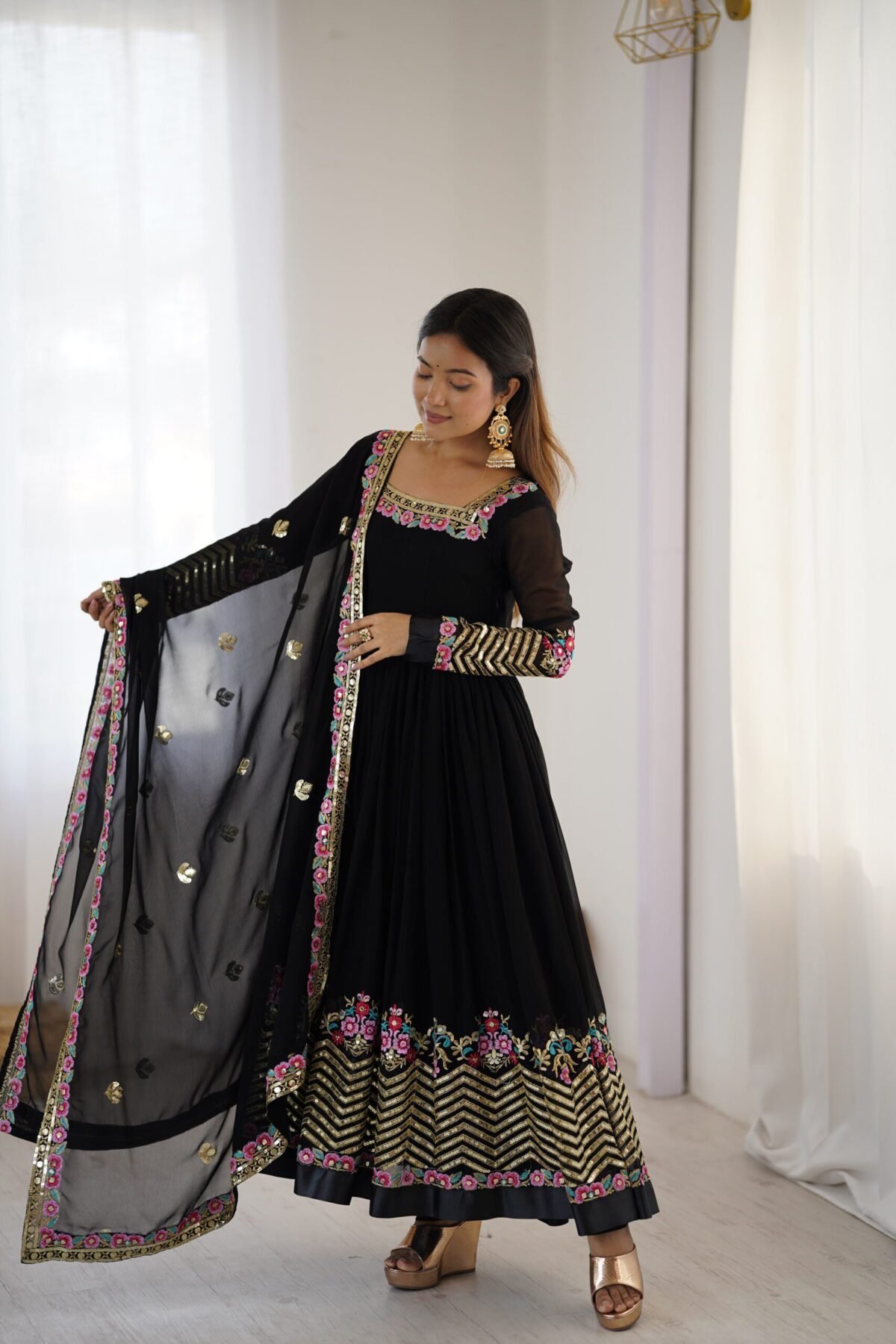 Elegant Embroidered Sequence Designer Anarkali Three Piece Set (Black) - Image 10