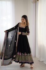 Elegant Embroidered Sequence Designer Anarkali Three Piece Set (Black) - Image 10