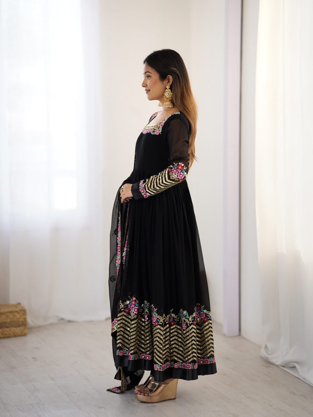 Elegant Embroidered Sequence Designer Anarkali Three Piece Set (Black) - Image 7
