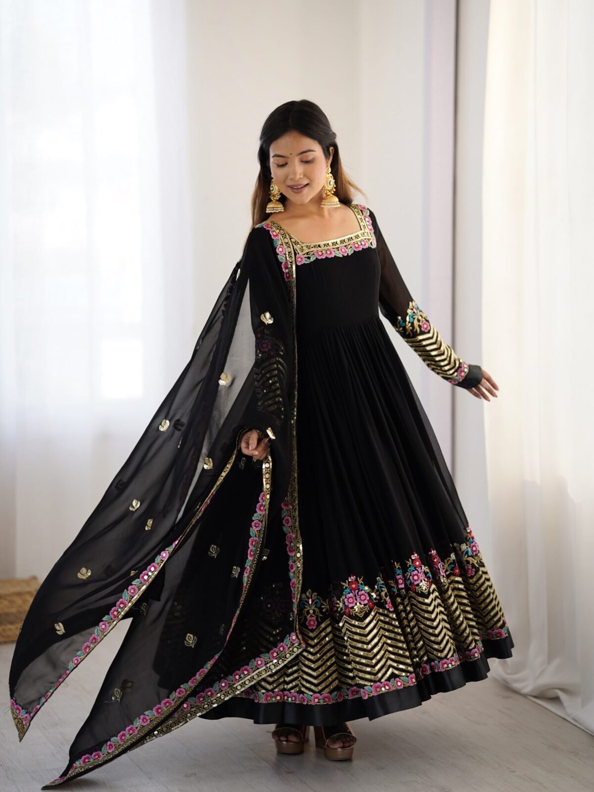 Elegant Embroidered Sequence Designer Anarkali Three Piece Set (Black) - Image 2