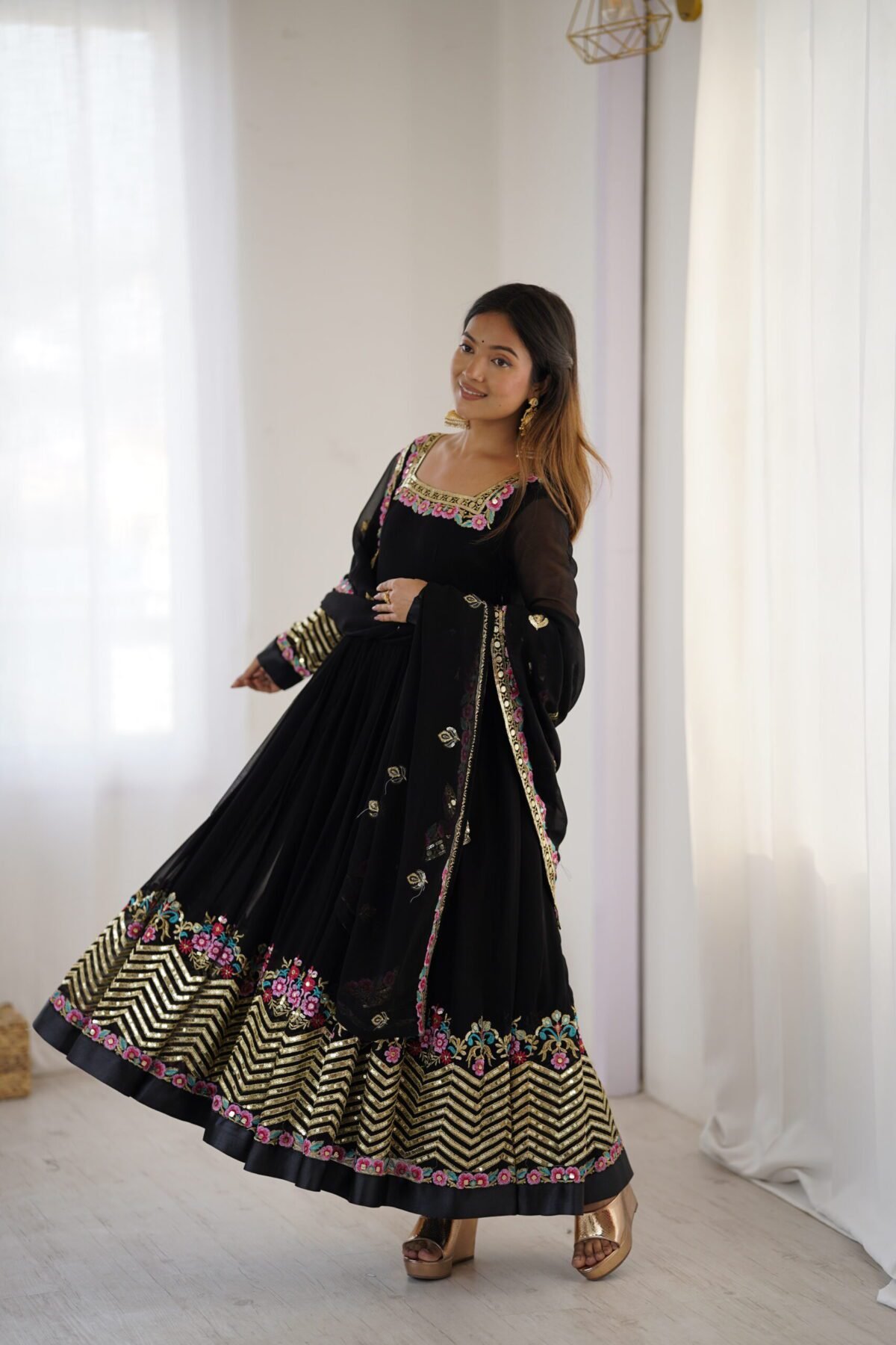 Elegant Embroidered Sequence Designer Anarkali Three Piece Set (Black) - Image 3