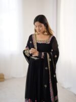 Elegant Embroidered Sequence Designer Anarkali Three Piece Set (Black) - Image 8