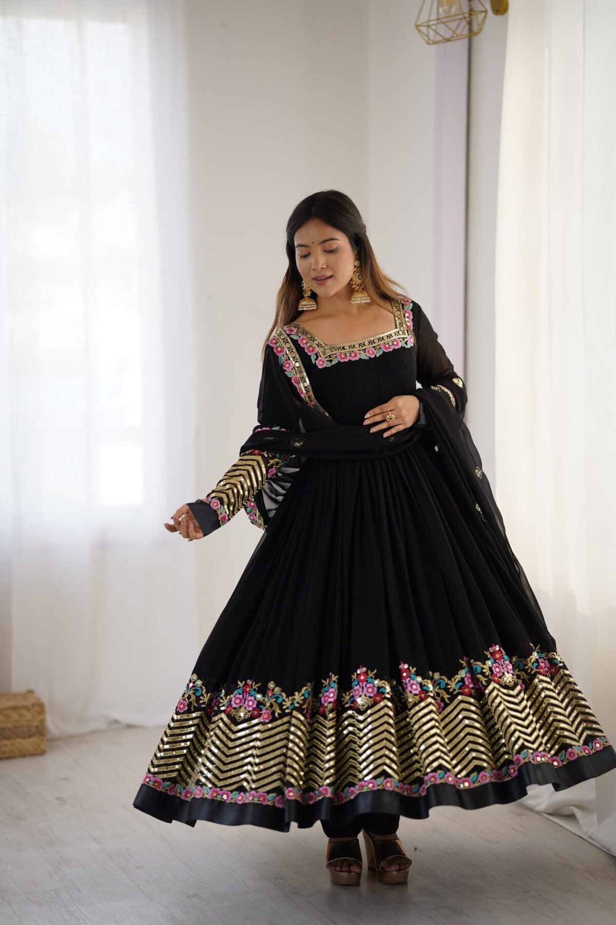 Elegant Embroidered Sequence Designer Anarkali Three Piece Set (Black) - Image 11