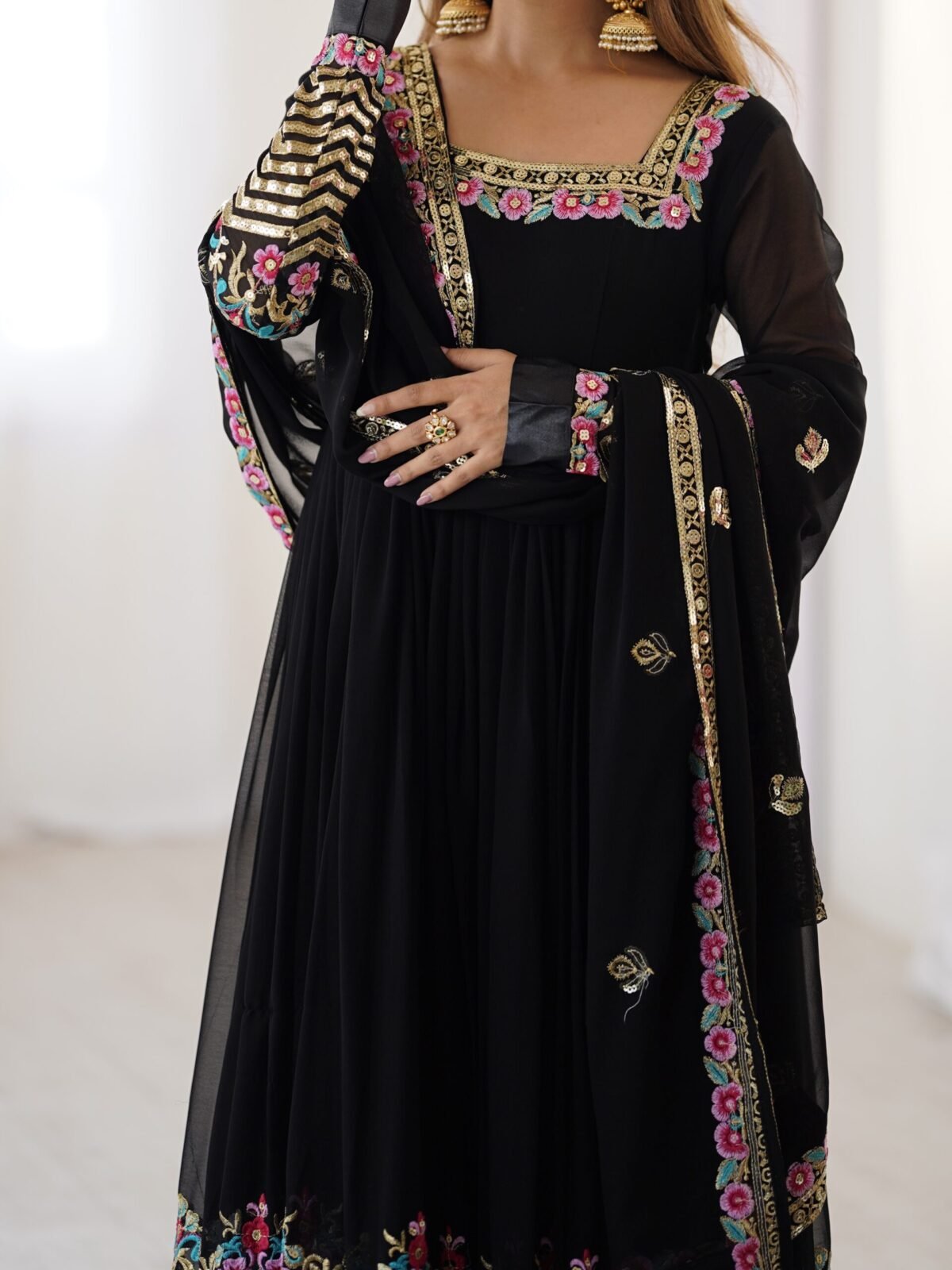Elegant Embroidered Sequence Designer Anarkali Three Piece Set (Black) - Image 12