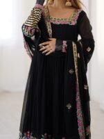 Elegant Embroidered Sequence Designer Anarkali Three Piece Set (Black) - Image 12