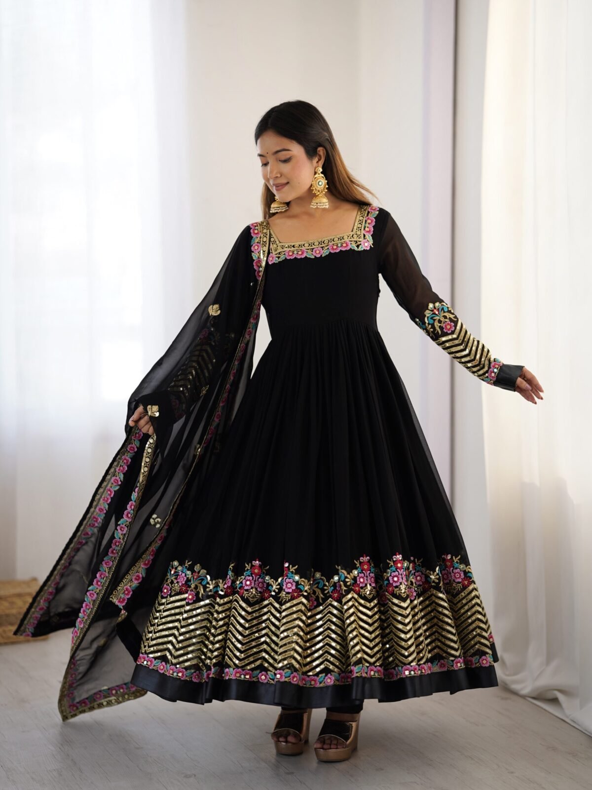 Elegant Embroidered Sequence Designer Anarkali Three Piece Set (Black) - Image 5