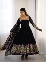 Elegant Embroidered Sequence Designer Anarkali Three Piece Set (Black) - Image 5