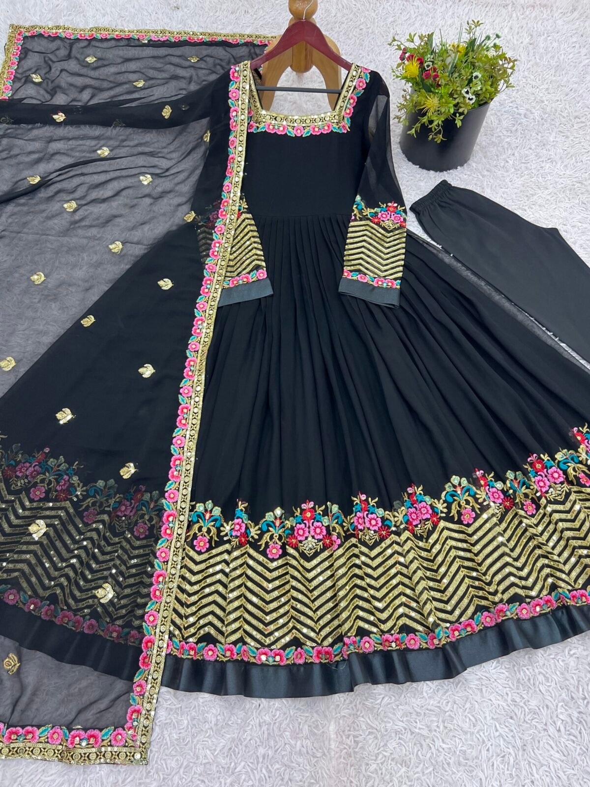 Elegant Embroidered Sequence Designer Anarkali Three Piece Set (Black) - Image 16