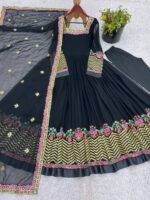 Elegant Embroidered Sequence Designer Anarkali Three Piece Set (Black) - Image 16