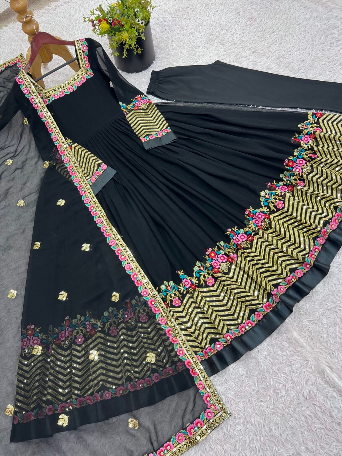 Elegant Embroidered Sequence Designer Anarkali Three Piece Set (Black) - Image 18