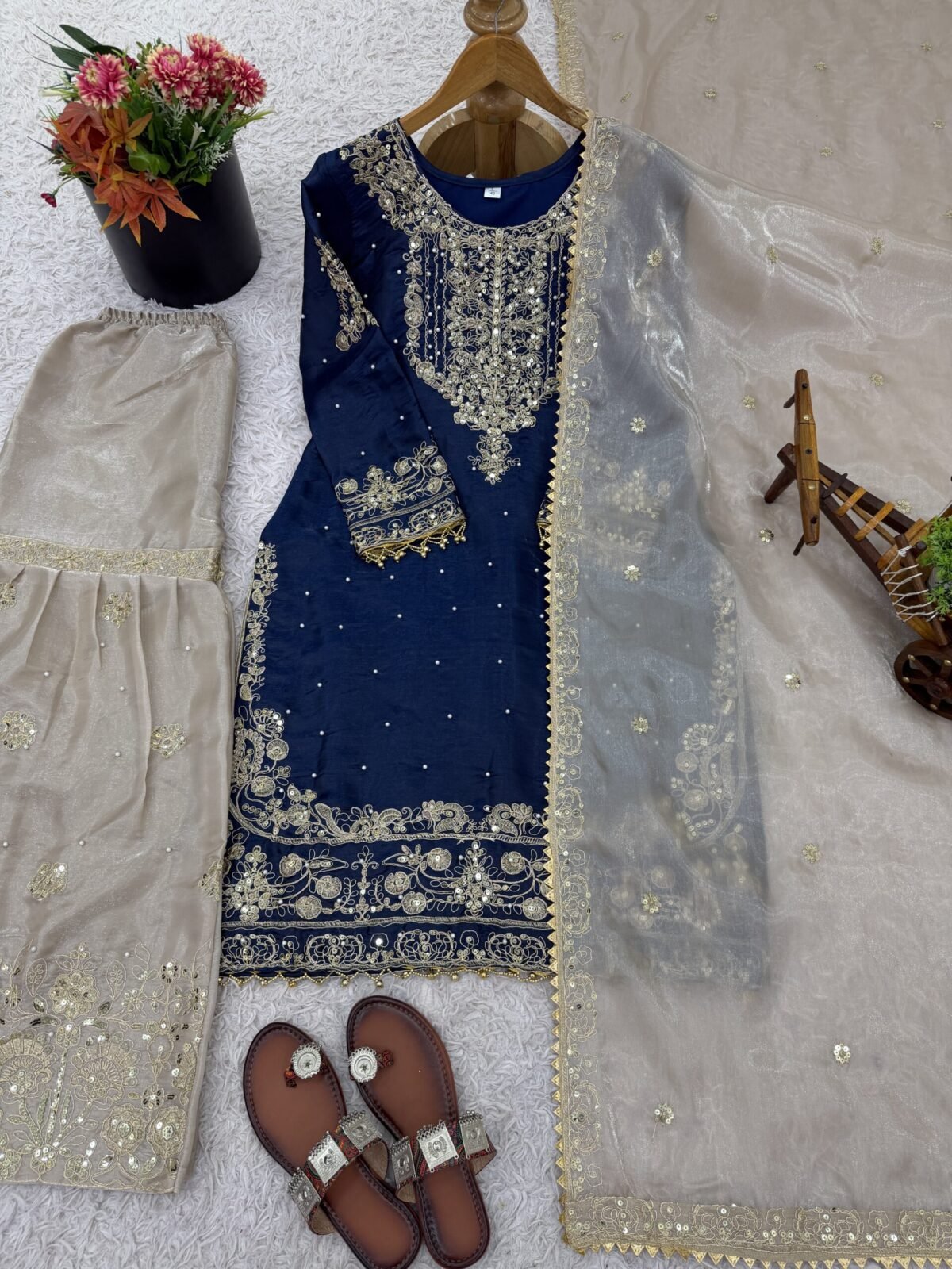 Pure Heavy GMY SILK With Heavy Embroidery Coding Dori-Sequence Work (Blue) - Image 6