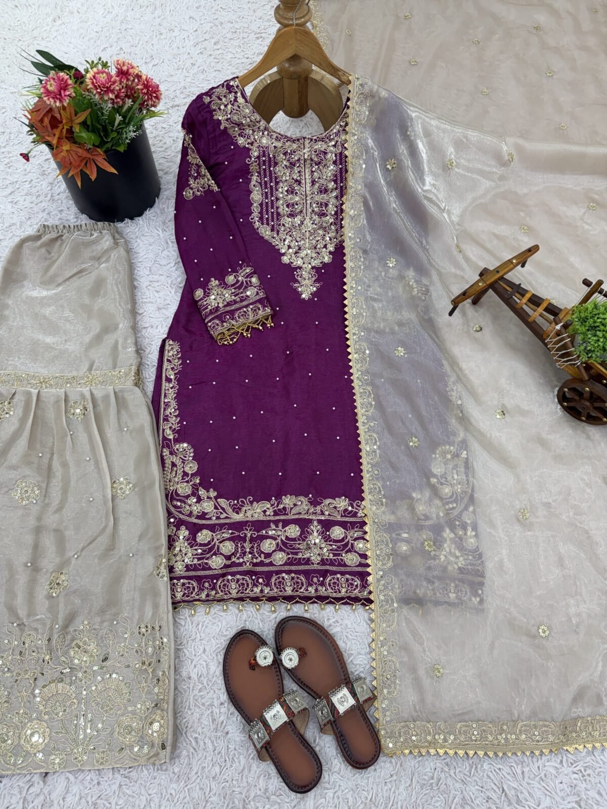 Pure Heavy GMY SILK With Heavy Embroidery Coding Dori-Sequence Work (Wine) - Image 9