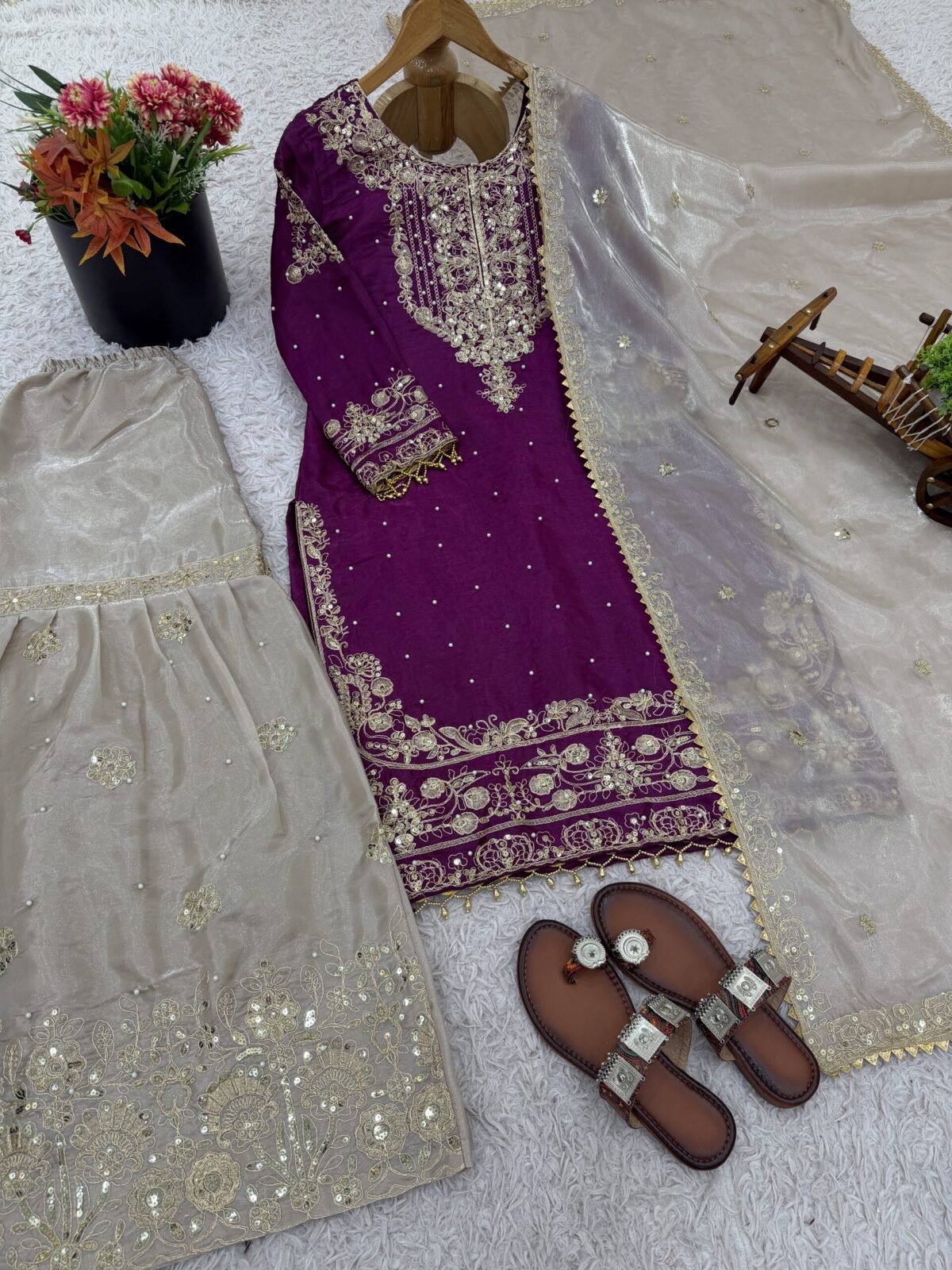 Pure Heavy GMY SILK With Heavy Embroidery Coding Dori-Sequence Work (Wine) - Image 7