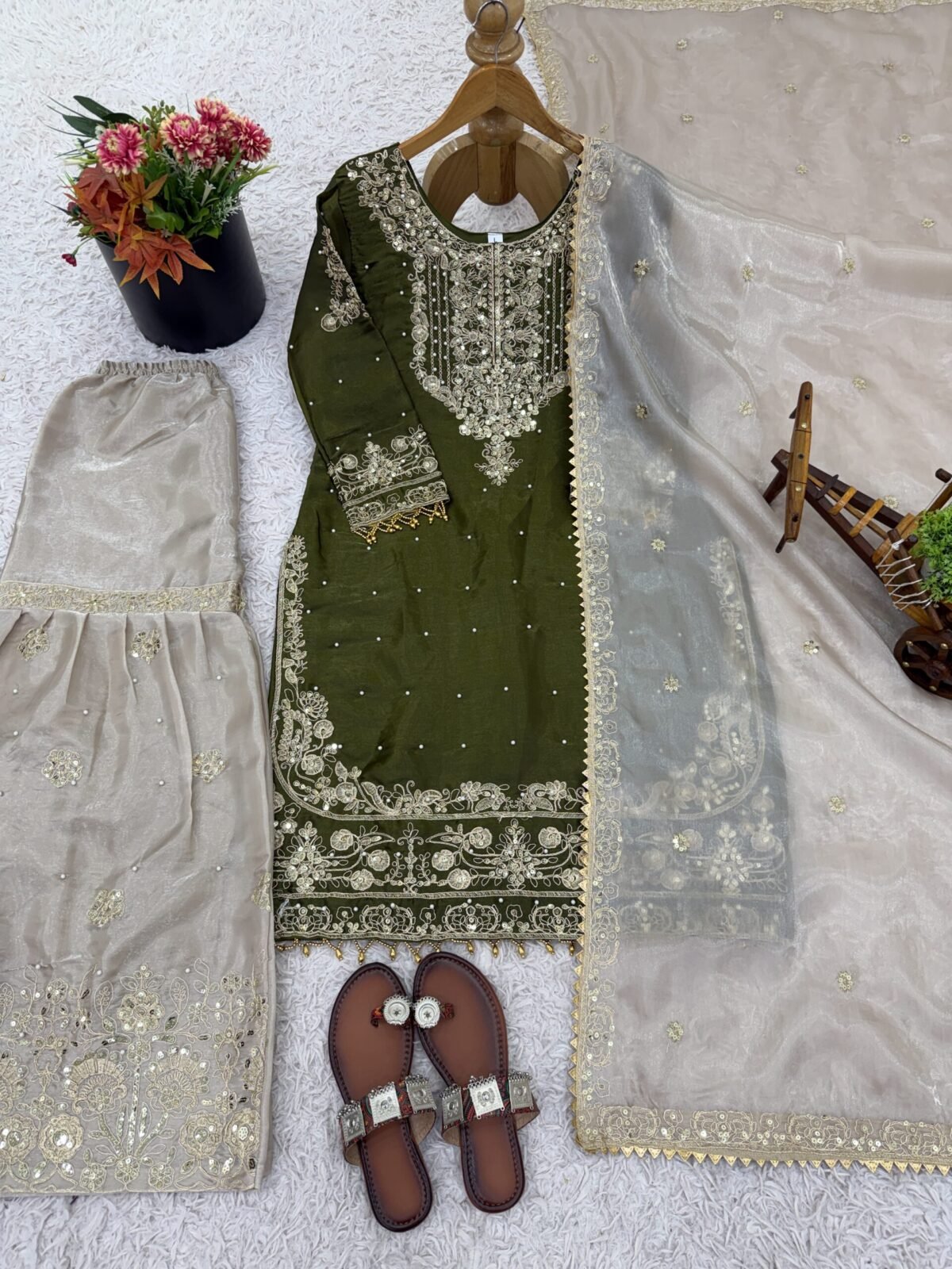 Pure Heavy GMY SILK With Heavy Embroidery Coding Dori-Sequence Work (Green) - Image 5