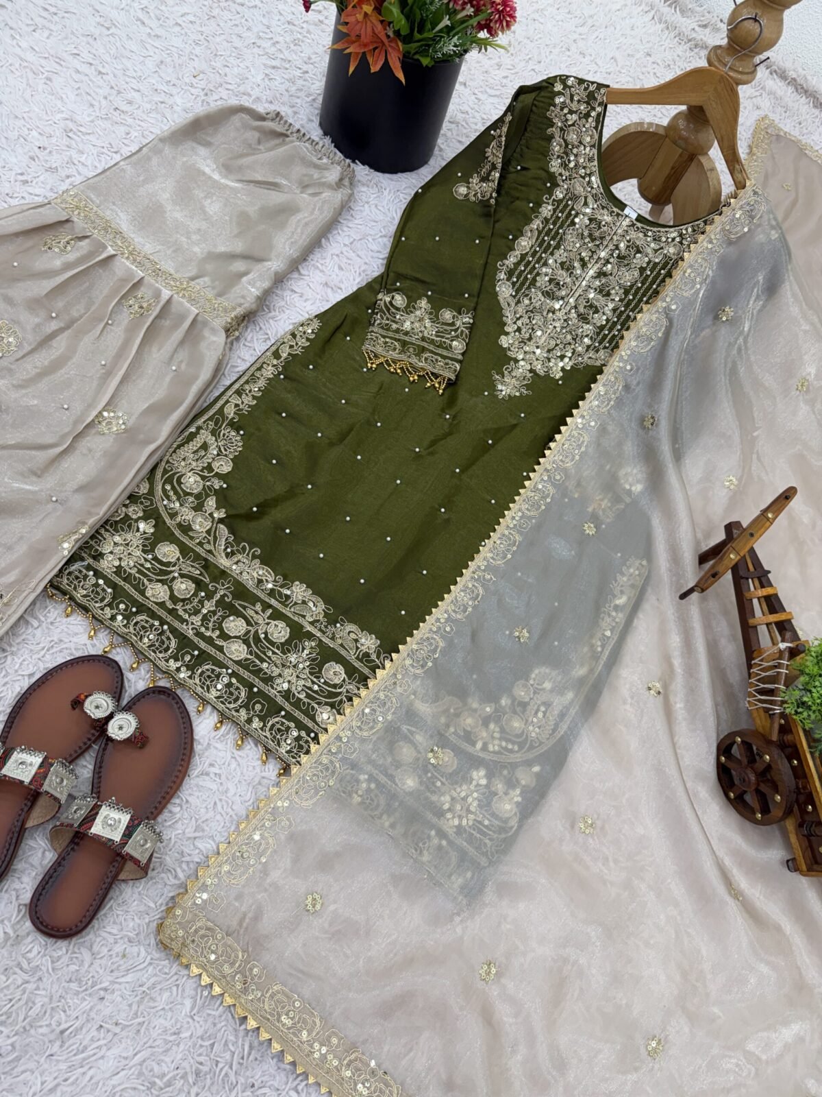 Pure Heavy GMY SILK With Heavy Embroidery Coding Dori-Sequence Work (Green) - Image 8