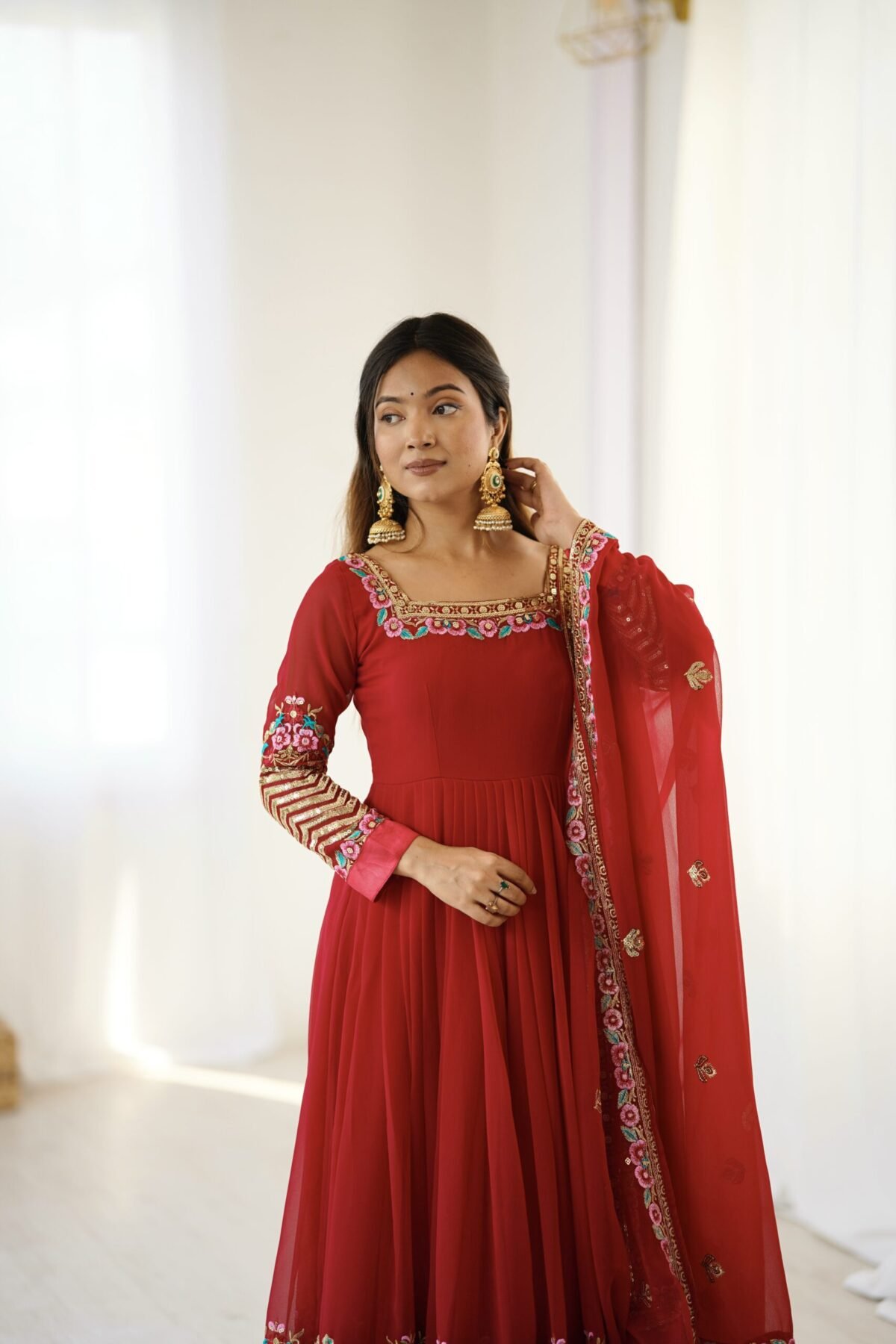 Elegant Embroidered Sequence Designer Anarkali Three Piece Set (Red) - Image 2