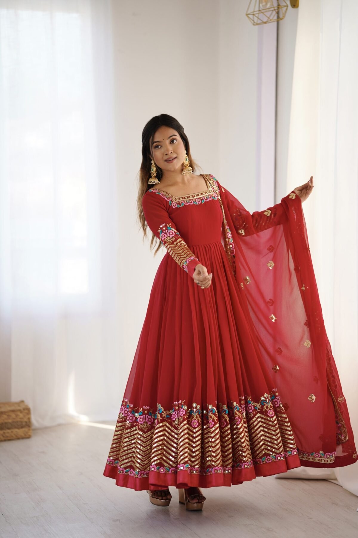 Elegant Embroidered Sequence Designer Anarkali Three Piece Set (Red) - Image 6