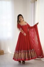 Elegant Embroidered Sequence Designer Anarkali Three Piece Set (Red) - Image 6