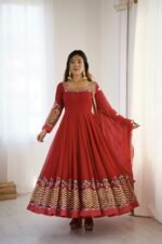 Elegant Embroidered Sequence Designer Anarkali Three Piece Set (Red) - Image 5