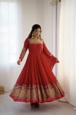 Elegant Embroidered Sequence Designer Anarkali Three Piece Set (Red) - Image 7