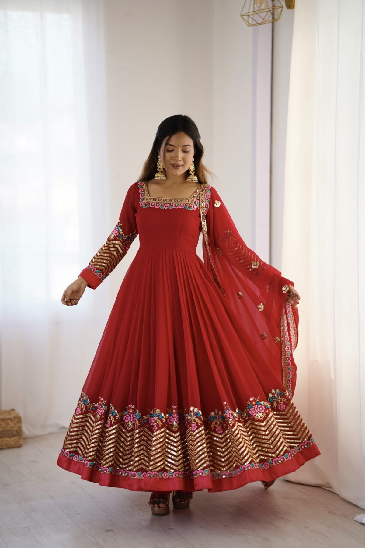 Elegant Embroidered Sequence Designer Anarkali Three Piece Set (Red) - Image 8