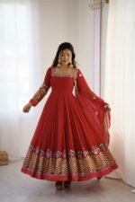 Elegant Embroidered Sequence Designer Anarkali Three Piece Set (Red) - Image 8