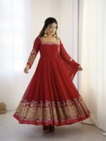 Elegant Embroidered Sequence Designer Anarkali Three Piece Set (Red) - Image 10