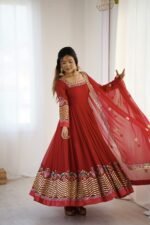 Elegant Embroidered Sequence Designer Anarkali Three Piece Set (Red) - Image 9