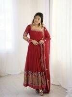 Elegant Embroidered Sequence Designer Anarkali Three Piece Set (Red) - Image 13